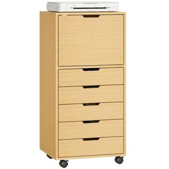 HOMCOM Homcom Cajonera Escritorio Con 5 Cajones, Cajonera De Oficina Con Ruedas Y Armario Con Cierre Suave, Soporte Para Impresora, Natural