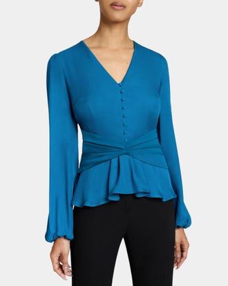 Santorelli RUBY Long Sleeve Blouse with Cinched Waist in Silk Georgette in Aquamarine at Nordstrom, Size 16