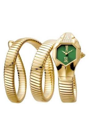 Just Cavalli Snake Wraparound Bracelet Watch, 22mm in Gold/Green at Nordstrom Rack