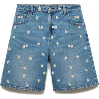 Mango Floral Embroidered High Waist Denim Bermuda Shorts in Medium Blue at Nordstrom, Size 2