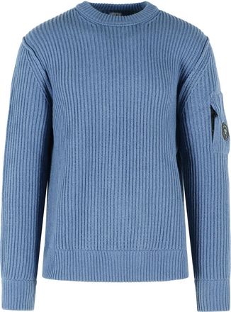 C.P. Company Blue Crew Neck Sleeve Pocket Wool-Blend Sweater