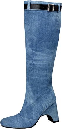Generic Womens Tie-Dye Knee-High Boots Square Toe Wedge Heels Adjustable Belt Strap Comfortable Non-Slip Wear-Resistant for Street Style Date Casual Shopping,