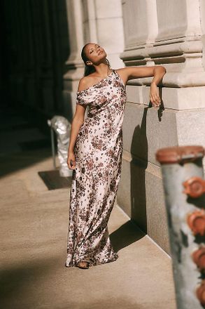 BHLDN Sienna Off-The-Shoulder High-Shine Satin Maxi Dress