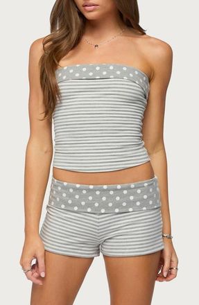 Edikted Presley Stripe & Polka Dot Foldover Tube Top in Light-Gray-Melange-And-White at Nordstrom, Size X-Small