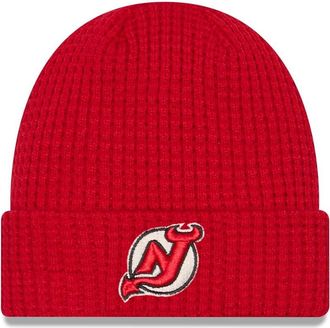 New Era NHL Unisex-Adult Primary Logo Waffle Knit Cold Weather Cuffed Beanie Hat, New Jersey Devils - Red, One size