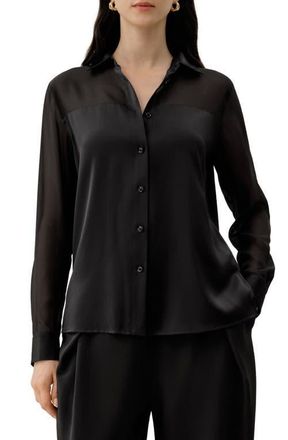 LilySilk Button Down Silk Organza Shirt in Black at Nordstrom, Size X-Large