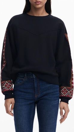 Desigual Embroidered Sleeve Sweatshirt in Black at Nordstrom, Size Xx-Large