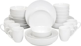Elama Iris 32 Piece Porcelain Dinnerware Set with 2 Large Serving Bowls in White