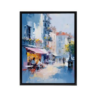 Artery8 Cafe Street In Paris Framed Canvas Abstract Wall Art Print in Blue | Size: W24 x H32