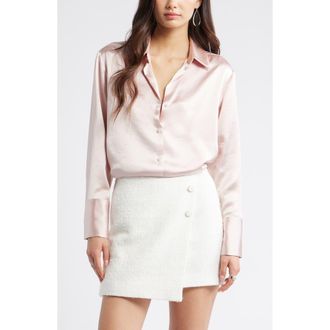 Open Edit Relaxed Fit Satin Button-Up Shirt in Pink Sepia at Nordstrom Rack, Size Large
