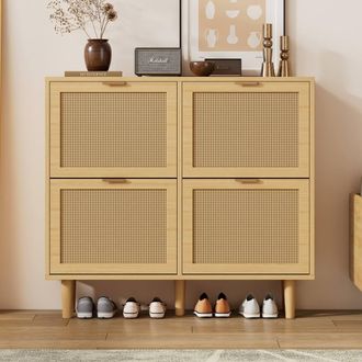 Matteo Light Oak Rattan Shoe Storage Cabinet - 4 Flip Drawers, Adjustable