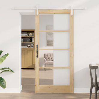Berkfield Home Sliding Door with Hardware Set ORKDALSolid Wood & Glass in Beige