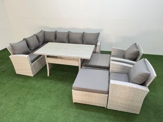 Fimous 10 Seater Rattan Garden Furniture Set Table 2 Chairs Big Footstools in Light Grey