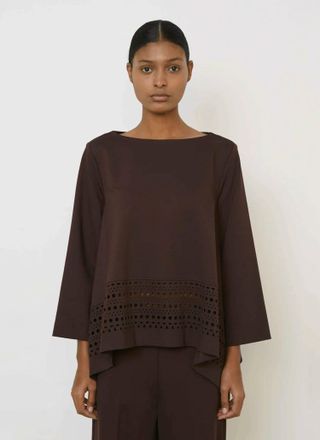 Meimeij Open Neck Flowy Laser Cut Trim Top In Burgundy