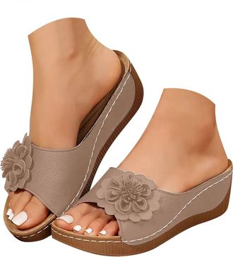 Generic Womens 3D Floral Platform Slide Sandals Chunky Heel Open Toe Slippers with Comfortable Non Slip Brown Sole for Casual Outing, Commute, Summer Beach Ho