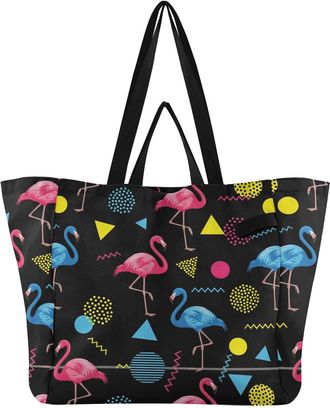 Generic Flamingo Black print Reusable Canvas Tote Bag, Heavy Duty Grocery Shopping Bag with Large Capacity Double Handles Hard Bottom Work Groceries Travel