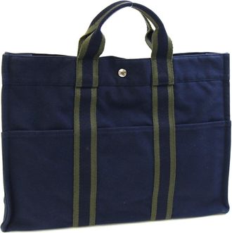 Herm&egrave;s Khaki Navy Cotton Canvas Handbag Tote Bag (Pre-Owned)