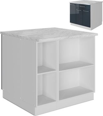 Vicco Isla de cocina Fame-Line, Azul oscuro alto brillo/blanco, 90 cm con cajón, sin encimera