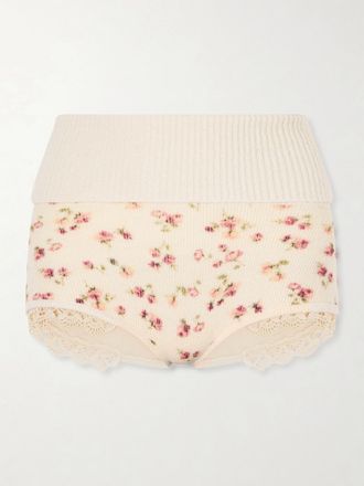 Magda Butrym Shorts In Misto Lana, Seta E Cashmere A Coste Floreale Con Finiture In Pizzo - Crema