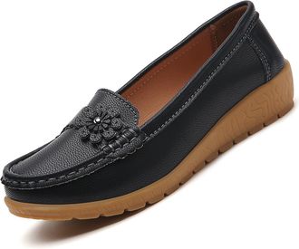 Generic Womens Soft Sole Comfortable Leather Shoes, Casual Driving Moccasins Women Boat Shoes Flats Slip on Penny Loafers (Black,6.5)