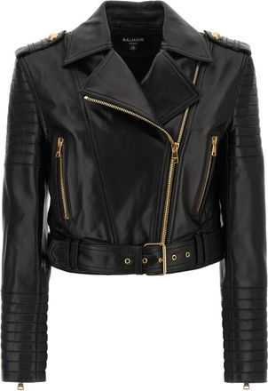 Balmain Leather Jackets, female, Black, XS, Biker Crop Leather Jacket