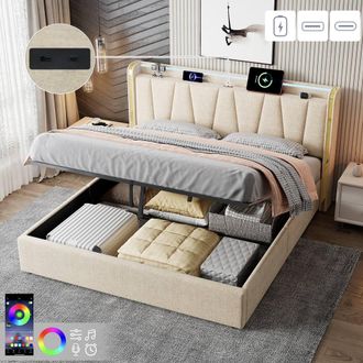 Matteo King Upholstered Bed Frame - Hydraulic Storage, LED, Charging - Beige