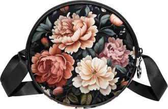 Generic Circle Crossbody Bag for Women, Floral Leaves Small Sling Bag Daypack with Zipper Adjustable Shoulder Straps Casual Ladies Girls Round Purse