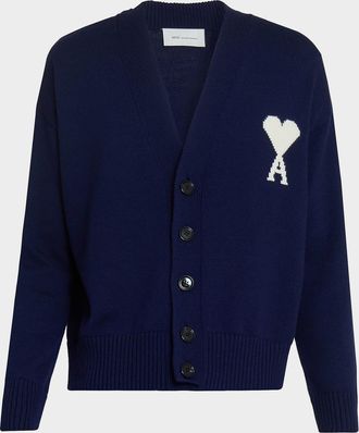 Ami Men & apos;s Intarsia Ami De Coeur Wool and Cotton Knit Cardigan