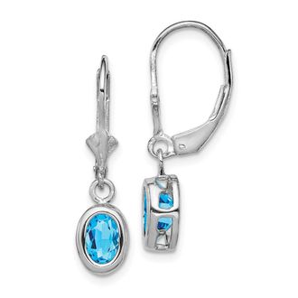 Diamond2Deal Sterling Silver Rhodium Plated 7x5mm Oval Blue Topaz Drop Dangle Earrings