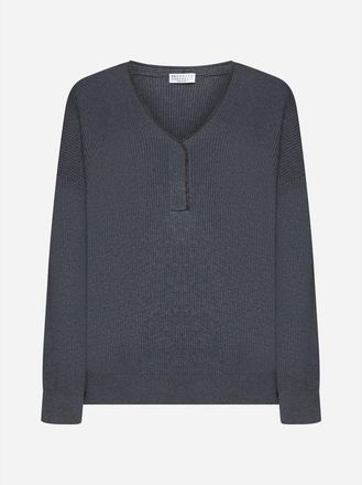 Brunello Cucinelli Womens Lead Ribbed Knit V Neck Sweater, Size L
