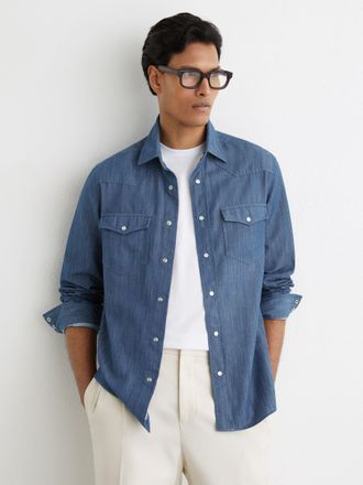 Reiss Indigo Blue Denim Western Press-stud Shirt Regular-fit, 2XL