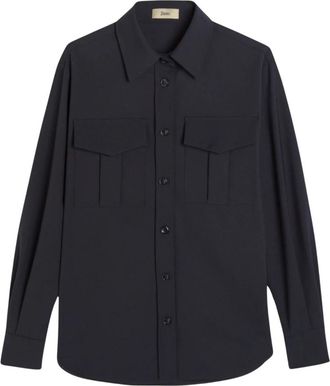 Herno Geknoopte blouse met klepzakken - Dames - Overhemden - Blauw - 2XL - Wol - Overhemden