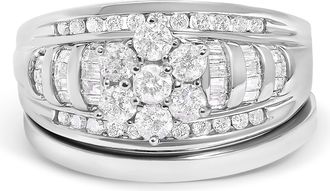 House of Brilliance 14K White Gold 1.0 Cttw Round and Baguette Diamond Cluster Bridal Set