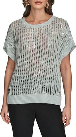 DKNY Sequin Open Stitch Short Sleeve Sweater in Mist at Nordstrom, Size X-Small