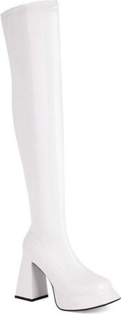 Generic Womens Stretch Thigh High Boots Platform Square Toe Chunky Block Heels Side Zipper Wide Calf Fashion Performance shoes (5.5,White)