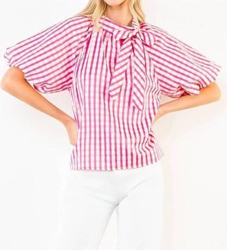THML Clothing Main Street Style Gingham Puff Sleeve Tie Top In Pink
