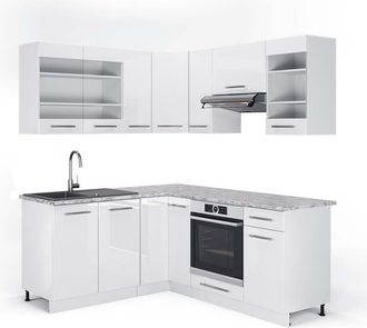 Vicco Cocina Esquinera Fame-line, Blanco Alto Brillo/blanco, 160 X 190 Cm, Et M&aacute;rmol