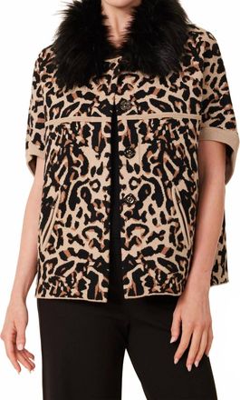 Dolce Cabo Faux Fur Collar Short Sleeve Cardigan In Black/leopard