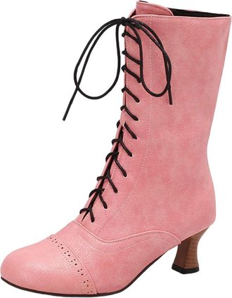 Generic Ankle Boots For Women UK, High Heels For Women, Fashion Solid Color Lace Up Waterproof Booties Autumn Winter Casual Round Toe Mid Calf Booties