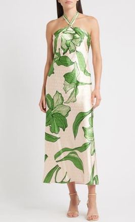 Ciebon Runie Floral Satin Halter Dress in Cream/Green at Nordstrom Rack, Size Large