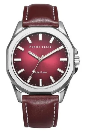 Perry Ellis Solar Powered 3-Hand Quartz Leather Strap Watch, 41mm in Silver at Nordstrom Rack