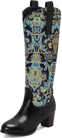 Generic Womens Closed Round Toe PU Leather Long Boots Pull on Knee High Boots Block Heel Western Cowboy Boot,Black,5.5 UK