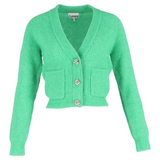 Ganni Ganni Crystal-embellished Knitted Cardigan In Green Merino Wool