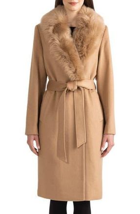 Sofiacashmere Belted Genuine Shearling Trim Coat in Camel at Nordstrom Rack, Size 10