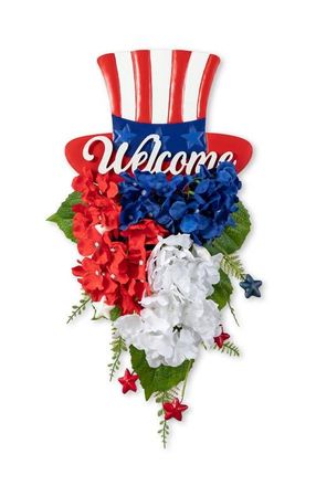 Glitzhome Patriotic Americana Metal Top Hat & Hydrangea Swag Wall Decor in Blue at Nordstrom, Size Medium