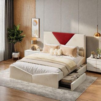 OEM Cama 160x200 Cm - Cama Doble 160x200 Cm Con 4 Cajones - Cama Doble - Cama Para 2 Personas - Somier Incluido - Tela De Terciopelo - Beige