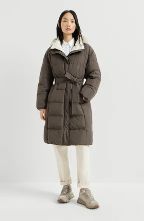 Brunello Cucinelli Techno cotton taffeta down coat with shearling inserts and shiny zipper pull in Brown at Nordstrom, Size 40