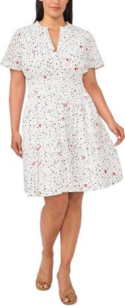 CeCe by Cynthia Steffe Floral Print Shirred Cotton Dress in Ultra White at Nordstrom, Size 3X