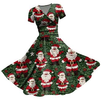 Generic Christmas Dresses for Women Party Print V Neck Short Sleeve Dress Dresses for Christmas Costumes Women Multi Colored Vintage Printed Holiday V Neck Lo