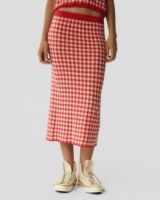 Guest In Residence Gingham Midi Skirt In Scarlet Mist